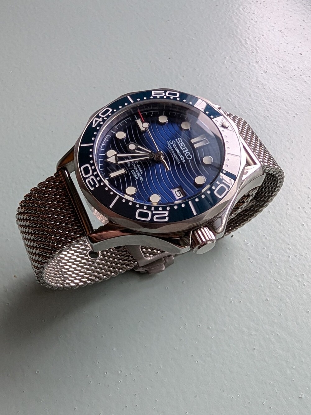 Seiko Seamaster Mod Blue Dial Diver Watch with Silver Mesh Bracelet Nh35 - Picture 2 of 5